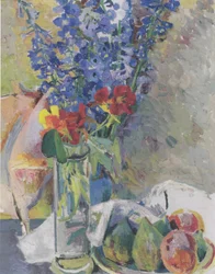 Natura morta con Delphinium e frutta